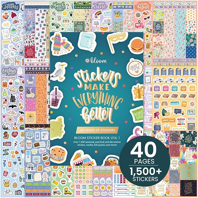bloom daily planners 40 Page Mega Planner Sticker Pack (1500+ Stickers) - 6” x 9” Bound Ultimate Variety Sticker Book with Foil - Seasons, Celebrations, Holidays, Food, Travel, Quotes & More - Vol. 1