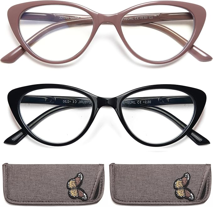 EYEURL Cat Eye Reading Glasses for Women - 2 Pack Blue Light Blocking Computer Readers 0.75 Spring Hinge Anti Glare/UV Ray Eyeglasses