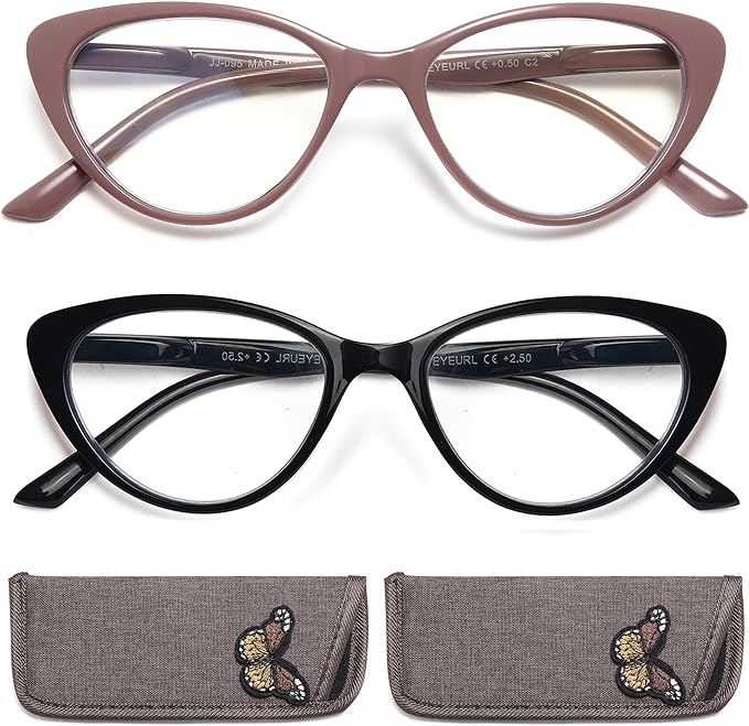 EYEURL Cat Eye Reading Glasses for Women - 2 Pack Blue Light Blocking Computer Readers 0.00 Spring Hinge Anti Glare/UV Ray Eyeglasses
