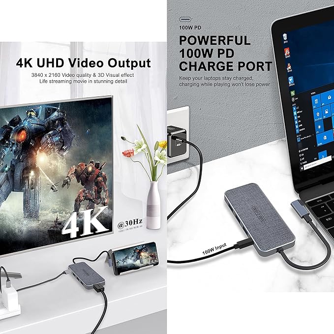 USB C Hub, ZSIMC 7-in-1 Docking Station Multiport Adapter with 4K HDMI, 100W Power Delivery, 3 USB 3.0 Ports, SD/TF Card Reader for MacBook Pro/Air, iPad Pro/Mini 6, Surface and More Type C Laptops