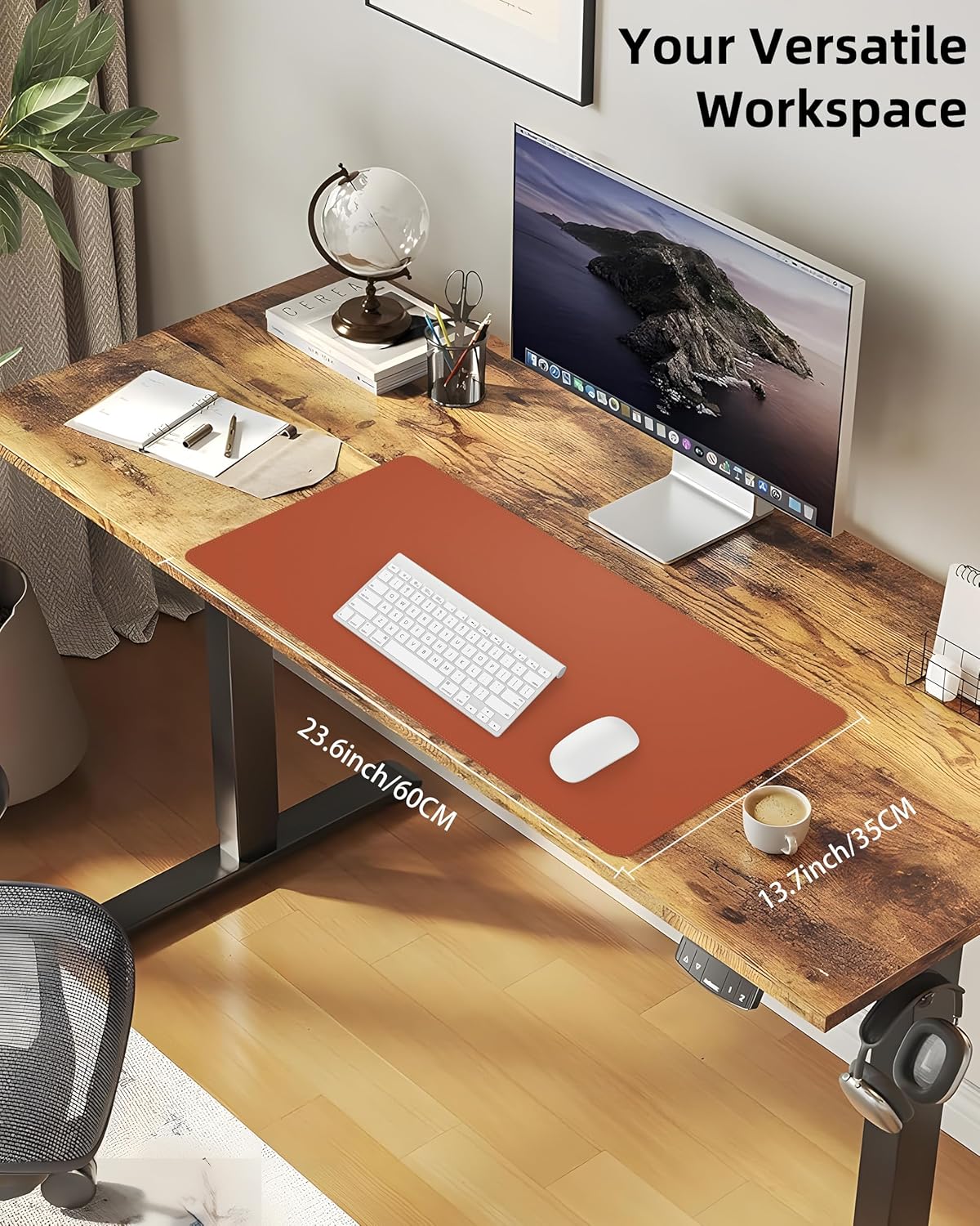 Desk Pad Mat 23.6"x13.7" - Waterproof Mouse Pad & Desk Protector, Non-Slip PU Leather for Gaming Keyboard/Mouse, Stitched Edge XL Office Desk Pad with Ergonomic Support(Brown)