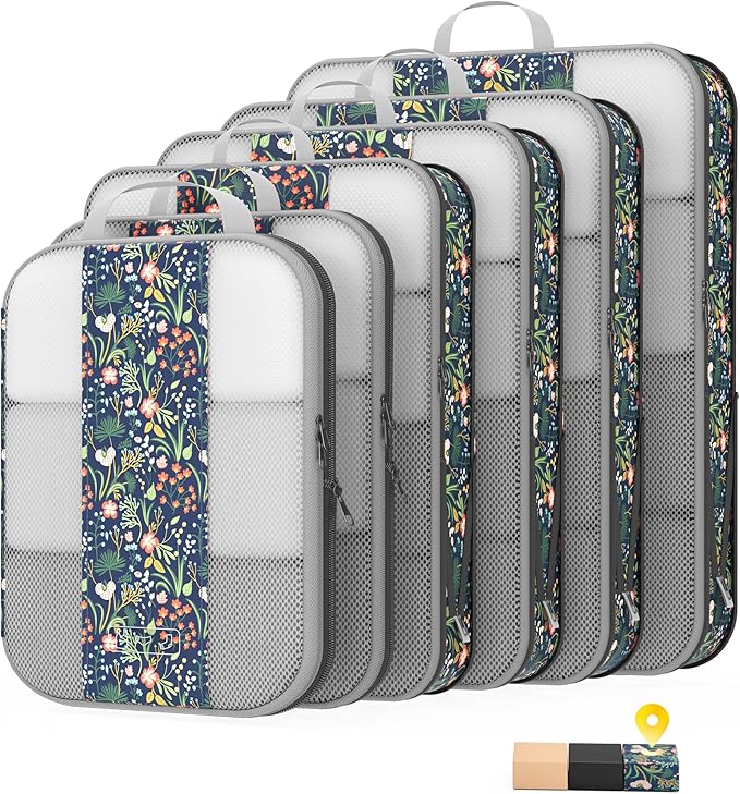 6 Set Compression Packing Cubes for Travel Essentials,Compressible Expandable Packing Cubes for Suitcase,OlarHike Luggage Organizer Bags for Travel(Dark Blue Floral)