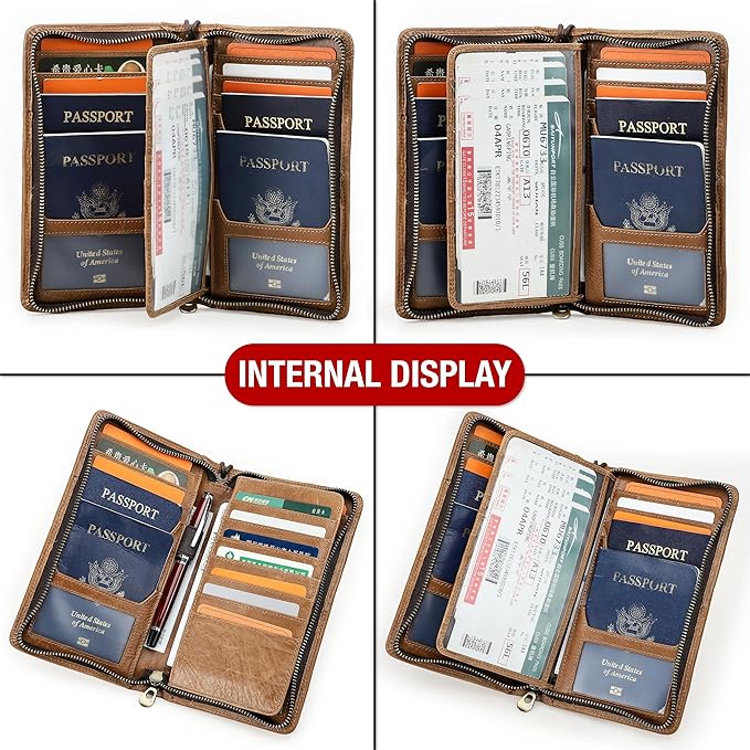 Top Grain Leather Travel Passport Wallet Holder for Man & Woman, Handmade with Three-Layer for 4 Passports & Multi Cards, RFID Blocking Large Capacity for Cards/Passports/Tickets, Brown