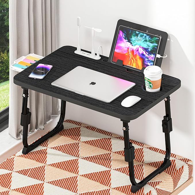 Laptop Desk for Bed Height Adjustable, Lap Bed Table with USB/Storage Drawer/Cup Holder/Tablet Stand/Book Shelf, Foldable Breakfast Tray Portable for Reading Writing, Sofa & Floor, Black