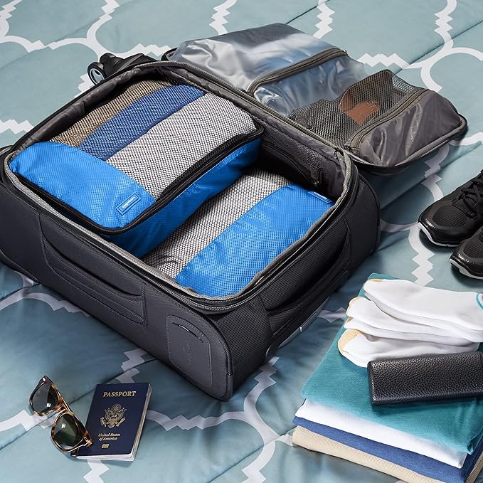 Amazon Essentials 4-Piece Packing Cubes Travel Accessories Set, Luggage Organizer with Double Zipper, Mesh Top, 100% Polyester, 2 Medium/2 Large, Blue (Previously Amazon Basics)