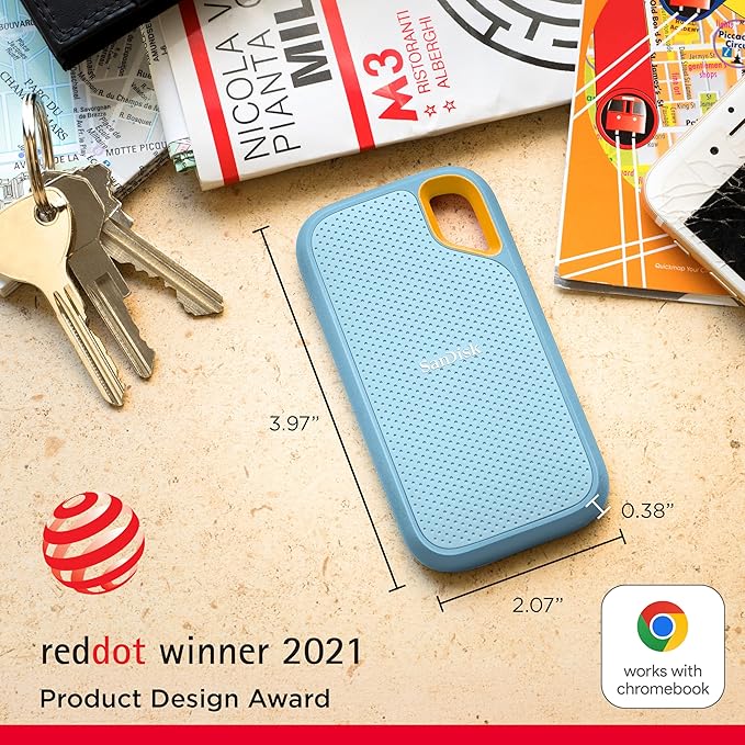 SanDisk 1TB Extreme Portable SSD - Up to 1050MB/s, USB-C, USB 3.2 Gen 2, IP65 Water and dust Resistance, Updated Firmware, Sky Blue - External Solid State Drive - SDSSDE61-1T00-G25B