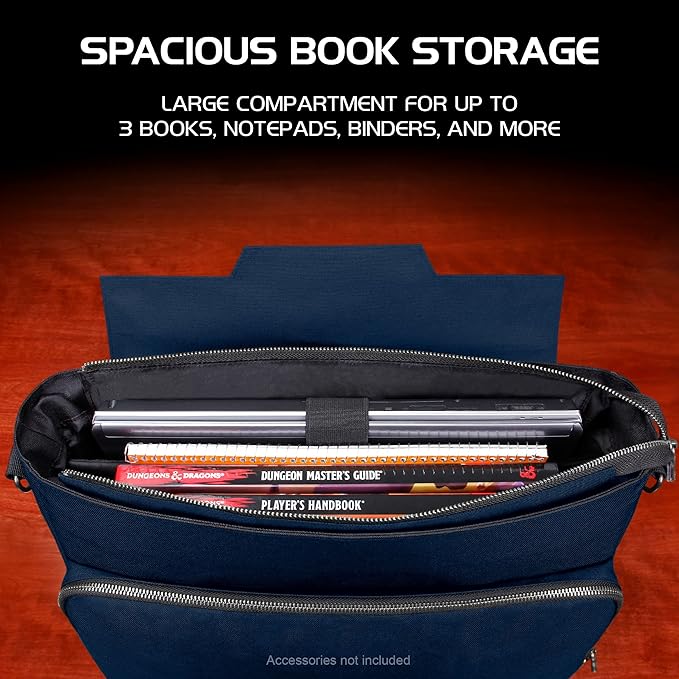 ENHANCE Collector's Edition RPG Player's Essentials DND Bag - Dragon Hide Exterior Messenger Bag Fits 2-4 Books, Binders, Dice & Accessories, with 17 inch Laptop Slot, Battlemap Straps (Dragon Blue)