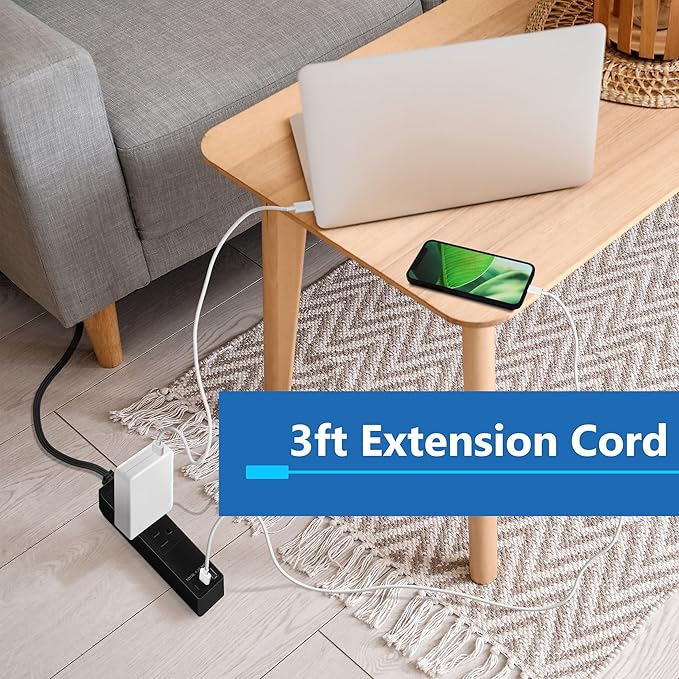 LIDER Outlet Extender with 3 Receptacles, 21W USB Type-A, and 2 USB Type-C, Ultra-Thin Wall Plate Plug with Cord Extender, 3-Outlet Power Strip, Flat-Face, Slim Design, ETL-Listed, 3ft Cord, Black