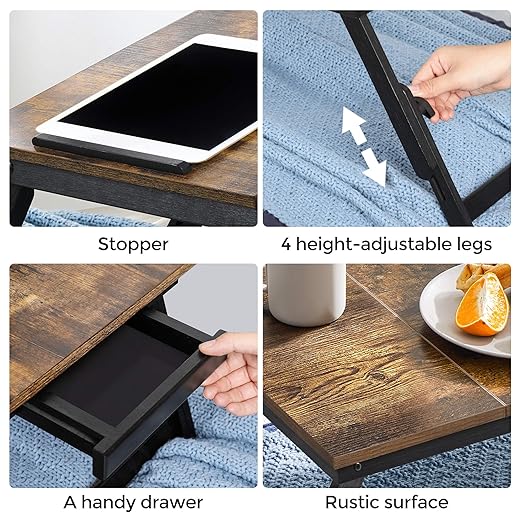 SONGMICS Laptop Desk, Bed Sofa Breakfast Tray, Adjustable Tilt Top, Right-Left Handed, Adjustable Folding Legs, Drawer, Rustic Dark Brown ULLD110B01