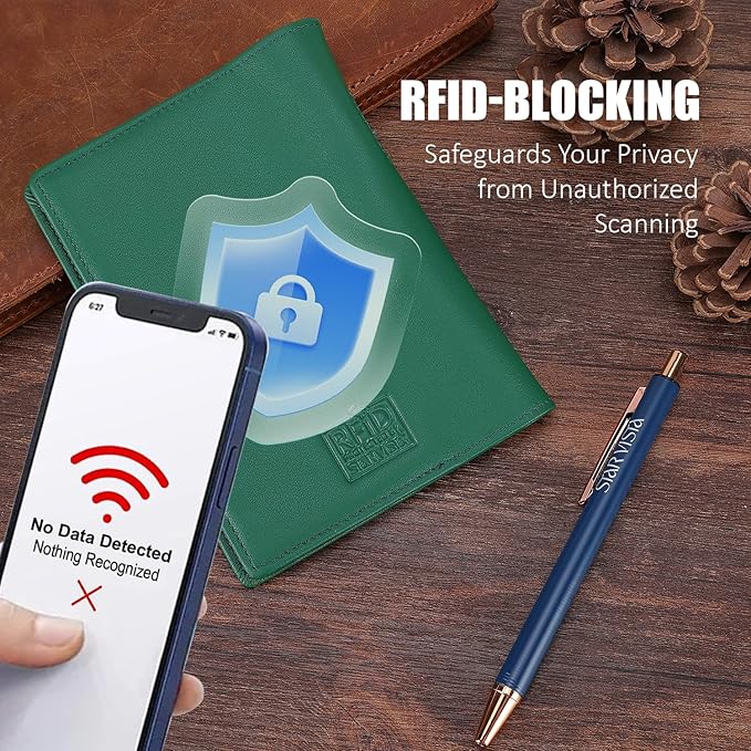 STAR VISTA Phoenix Leather Passport Holder, Calfskin Leather Travel Wallet - RFID Blocking, ID Window, Zipper Pocket, Pen & Notebook Included, AirTag Holder, Mint