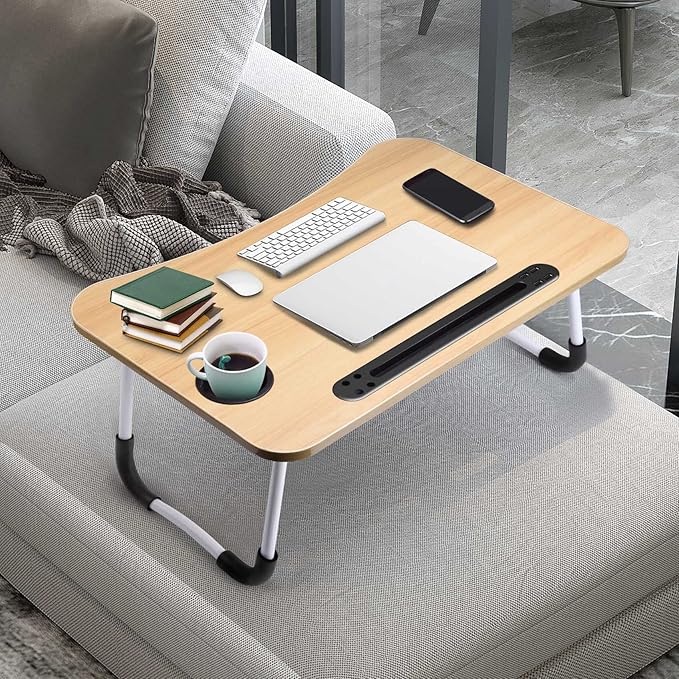 Slendor Lap Desk with Cup Holder, Foldable Laptop Table for Bed, Portable Bed Desk for Laptop and Writing, Computer Tray with Tablet Slot, Notebook Stand Reading Holder for Couch Sofa Floor,Walnut