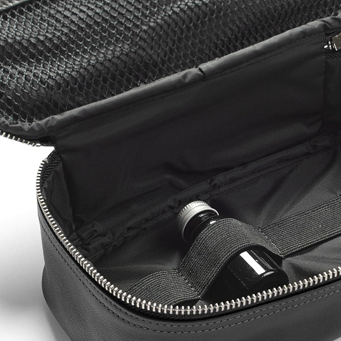 Leatherology Black Onyx Medium Travel Organizer - Zipped mesh storage pocket, elastic loops for organization, metal zipper with leather pull
