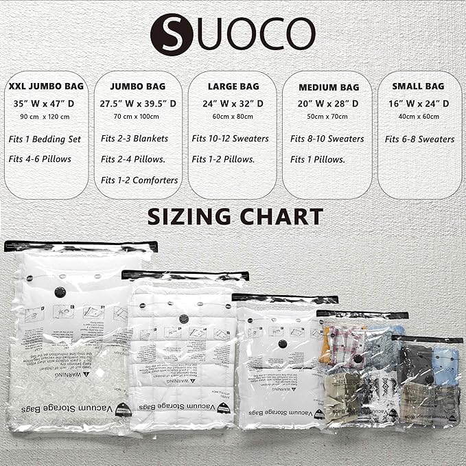 SUOCO Travel Vacuum Seal Bags for Clothing with Hand Pump, 8 XL Compression Packing Bags for Luggage Suitcase, Space Saver Storage