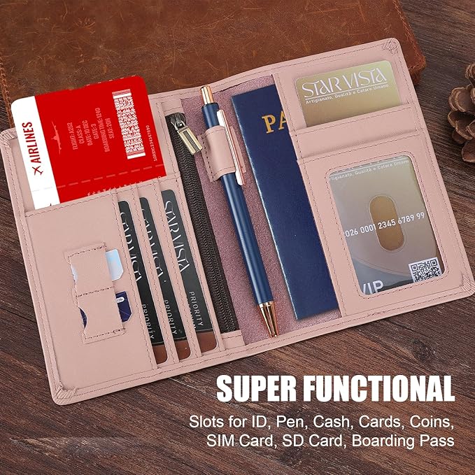 STAR VISTA Phoenix Leather Passport Holder, Calfskin Travel Wallet - RFID Blocking, ID Window, Zipper Pocket, Pen & Notebook Included, Pale Pink