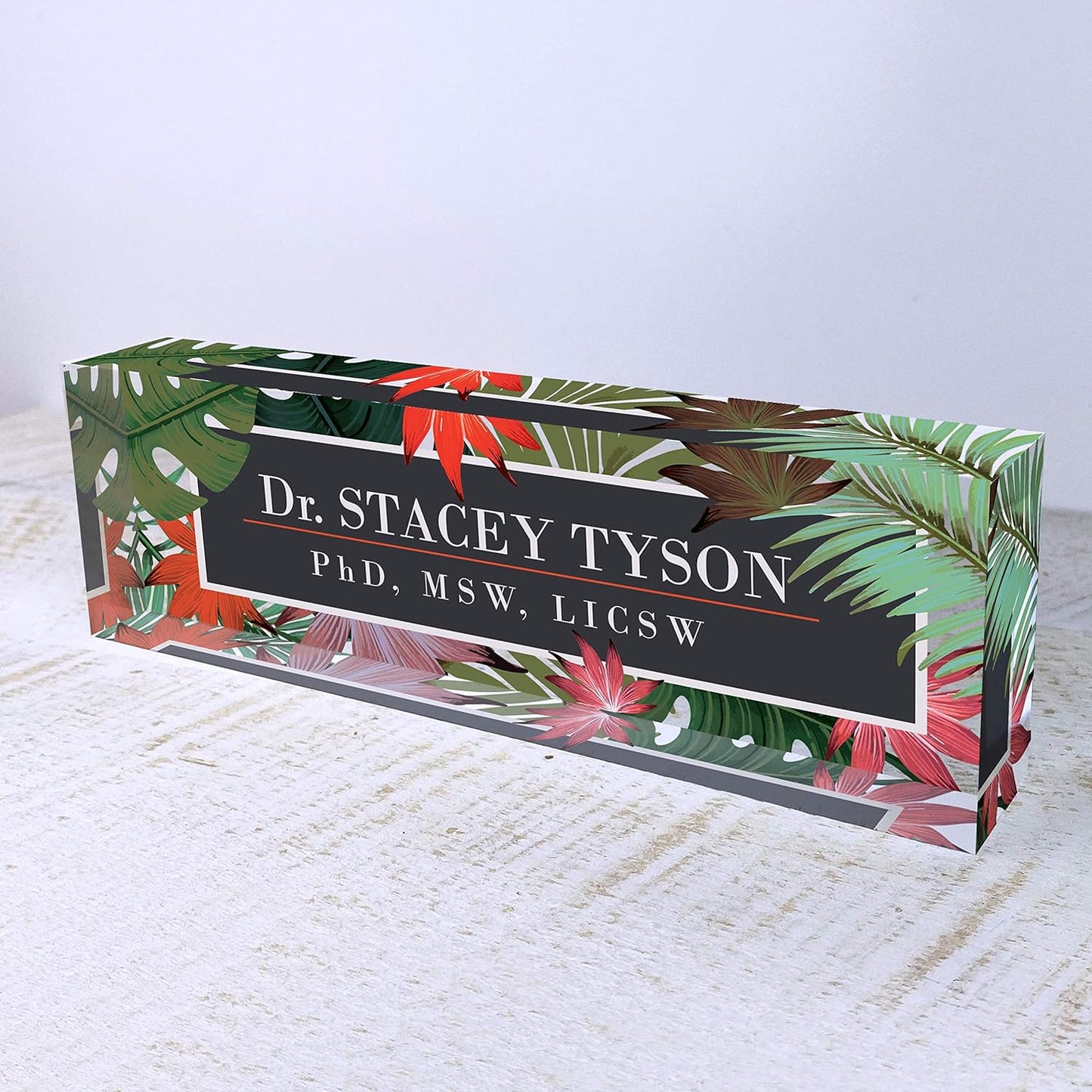 Artblox Personalized Name Plate for Desk | Leaf Flowers Design On Clear Acrylic Glass | Custom Desk Name Plate Personalized with Your Name and Credentials for Teacher Phd Military Office Name Plate