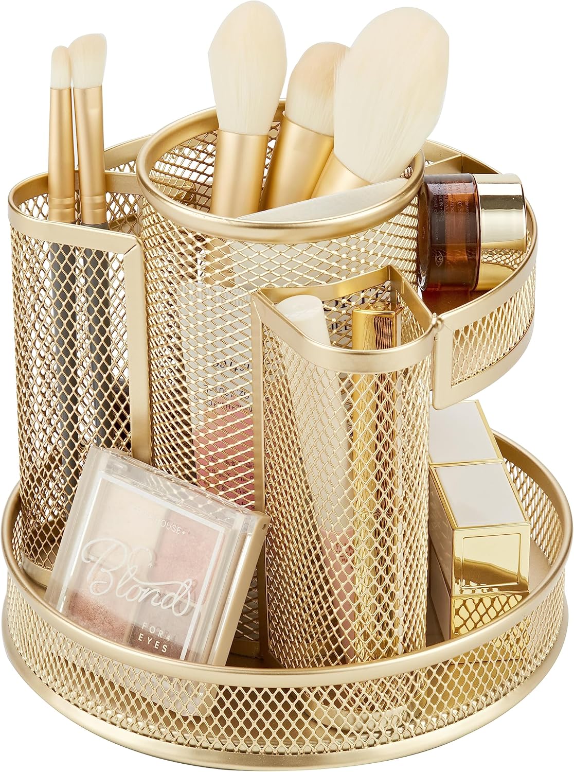 Annova Mesh Desk Organizer Rotate with 5 Compartments Round Spinning Tidy Candy/Pen Holder Desk Accessories Office, Art Supply, Storage, Classroom, Home (Gold)