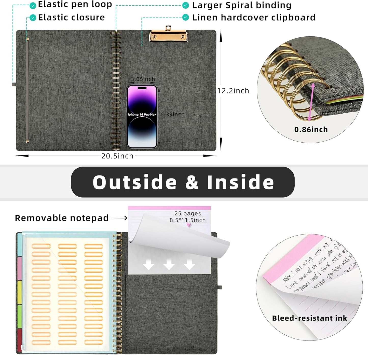 Ospelelf Foldable Spiral Clipboard Folio with Storage Zipper Pouch, 5 Plastic Folders with 10 Pockets,Refillable Lined Notepad (11" x 8.5"), Hardcover Project Organizer with 39 Stickers (Dark Grey)