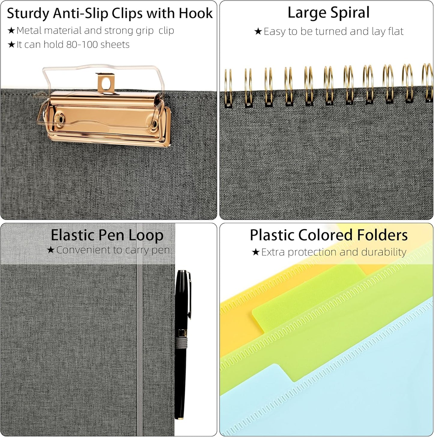 Ospelelf Foldable Spiral Clipboard Folio with Storage Zipper Pouch, 5 Plastic Folders with 10 Pockets,Refillable Lined Notepad (11" x 8.5"), Hardcover Project Organizer with 39 Stickers (Dark Grey)