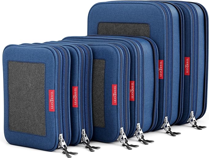 LeanTravel Compression Packing Cubes for Travel Organizers with Double Zipper (6-Pack (2L+2M+2S), Navy)