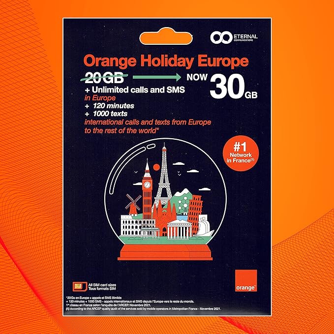 Preloaded Orange Travel Sim Card Now with 30GB of 4G Data, Unlimited Calls & Texts in Europe, 120 mins + 1000 SMS from Europe to Worldwide (Lasts for 31 Days). Tethering Allowed