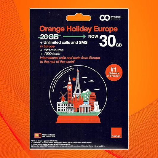 Preloaded Orange Travel Sim Card Now with 30GB of 4G Data, Unlimited Calls & Texts in Europe, 120 mins + 1000 SMS from Europe to Worldwide (Lasts for 31 Days). Tethering Allowed