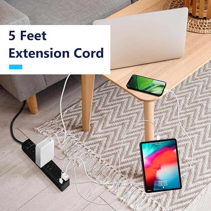 LIDER PD 36W Surge Protected Outlet Extender with 4-Outlet Power Strip, 1 USB Type-A and 1 Type-C Port, 5ft, Up to 1500J, LED Indicator, ON/Off Switch, Flat-Plug, 45-Degree Angle, UL-Listed, Black