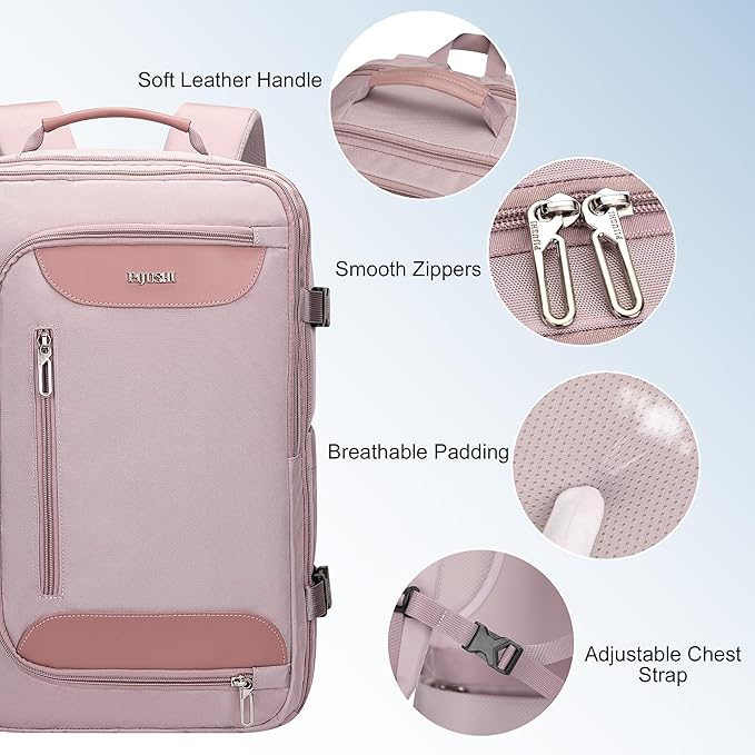 PIJUSHI Travel Backpack for Women Flight Approved Carry on Bag 16 inch Laptop Personal Item Daypack with Shoe Compartment(PE038 Light Purple)