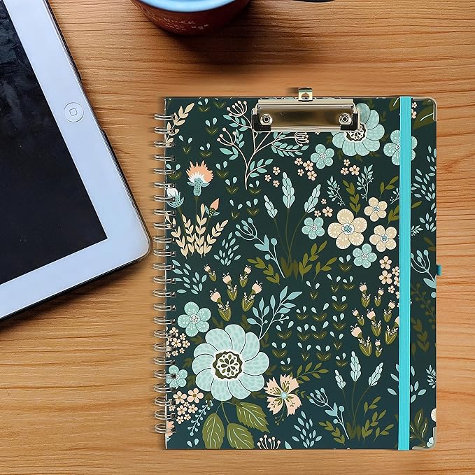 Clipboard Folio Spiral Folder Board,5 Extra Folders with 10 Storage Pockets,Refillable Lined Fillable Notepad,Folded Clipboard with Storage,Suitable for Office,School and Student (Green Flowers)