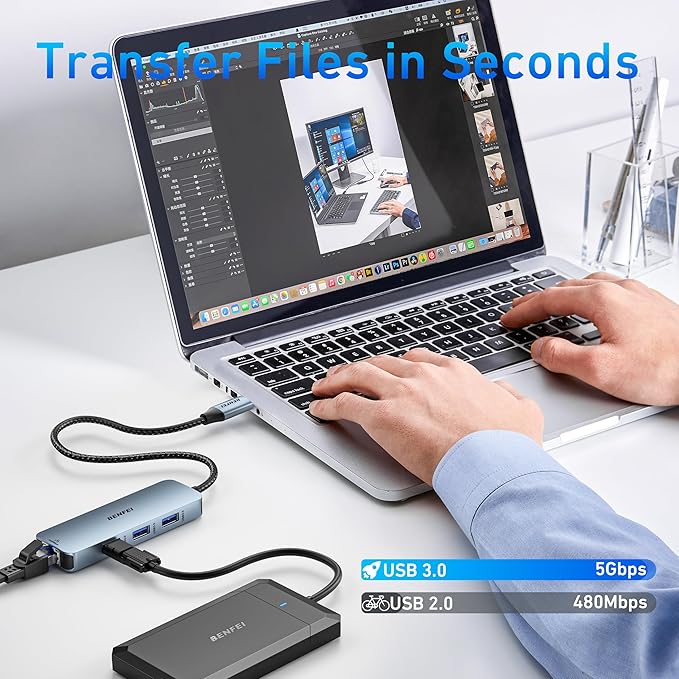 BENFEI USB C HUB 6-in-1 with HDMI(4K@60Hz), Gigabit Ethernet, 100W Power Delivery, 3*USB 3.0, Silicone Cable, Aluminum Case Compatible with iPhone 15 Pro/Max, MacBook, iPad Pro, iMac, S23, XPS17