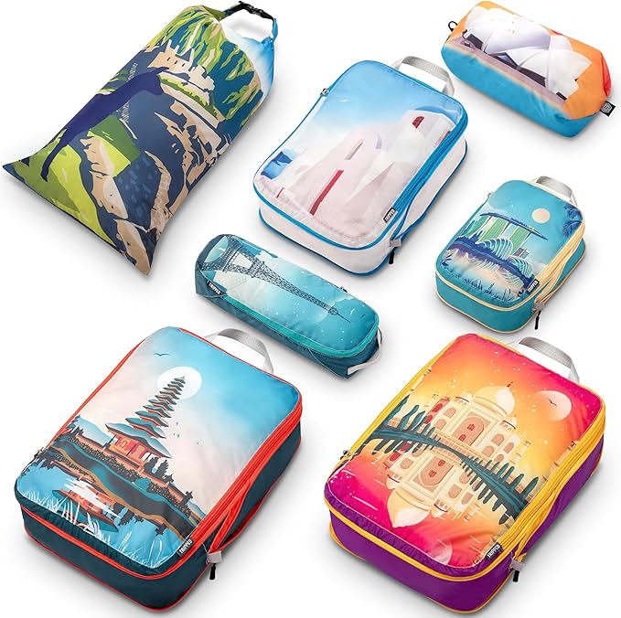 Large Compression Packing Cubes for Travel-Packing Cube Luggage Organizers 7 Piece Set for Checked Luggage-Ultralight, Expandable/Compression Bags by TRIPPED Travel Gear (Bucketlist)