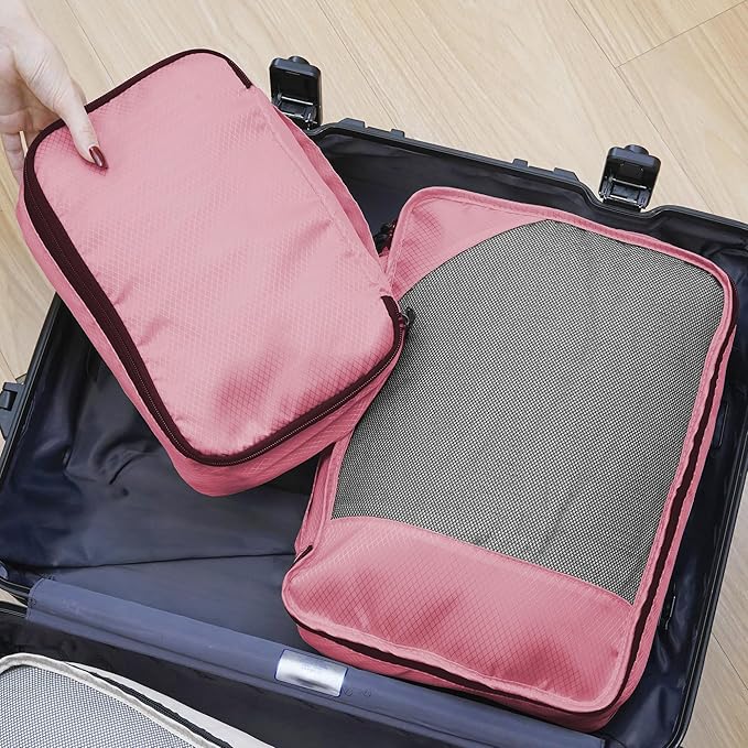 8-Piece Packing Cubes for Travel, Mesh Luggage Organizers with Shoe Bag, Toiletry Bag, Laundry Pouches, 4 Sizes (XL/L/M/S) for Suitcase Organization, Men Women Kids, Pink