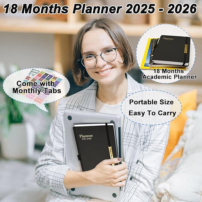 Day Planner 2025-2026, Hardcover Weekly & Monthly Planner from Jul 2025-Dec 2026, 18 Month Calendar 2025 with Tabs & Pocket, A5 Size, Black