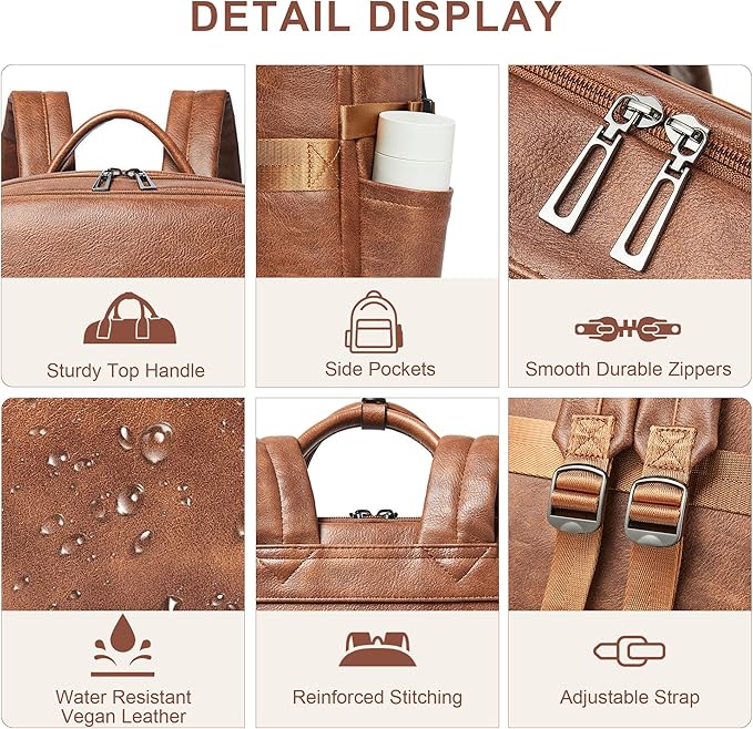 Shrrie Laptop Backpack for Women,Vegan Leather Backpack Work Computer Backpacks fits 16" Laptop,Water Resistant Teacher Nurse Casual Daypack for Weekender Camping Travel,Two-toned Brown