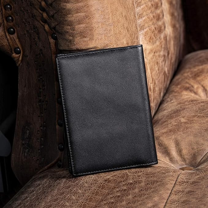 Polare Men's Slim RFID Blocking Leather Passport Holder Travel Bifold Wallet (Black)