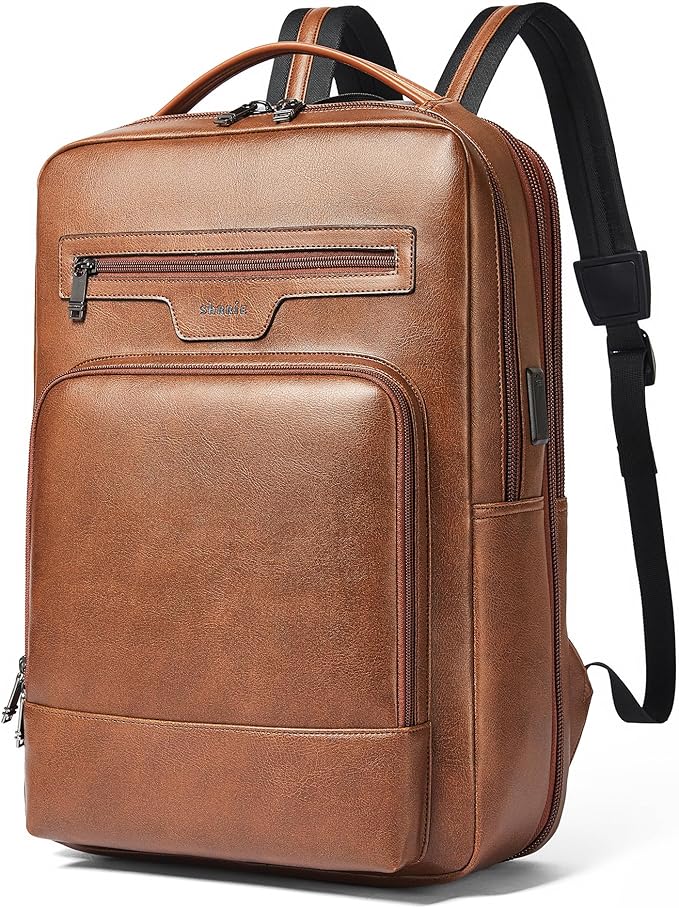 Shrrie Leather Laptop Backpack for Women and Men,28 L Travel Backpack Computer Bag Fits 16 inch Laptop,Expandable Casual Daypack with USB Port for Work Business Weekender College,Brown