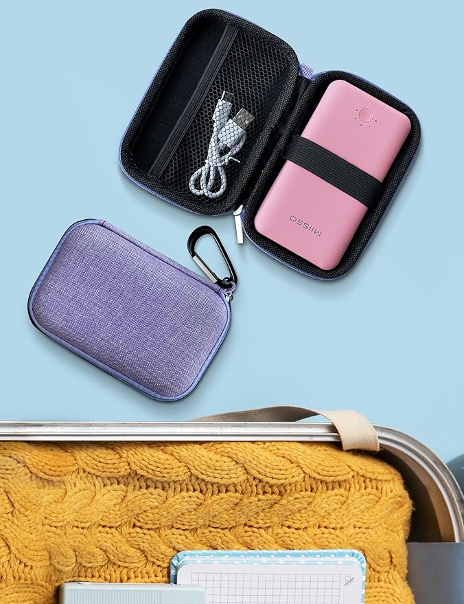 Ultra Slim 10000mAh Power Bank Built-in Cables and AC Wall Plug, Pocket Size USB C Portable Charger, External Battery Pack Compatible with iPhone Samsung, Package in Purple Hard Travel Case, Pink