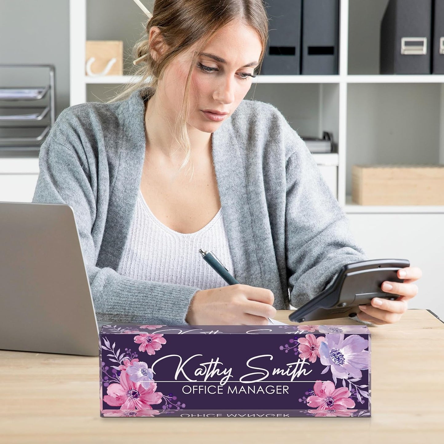 Personalized Name Plate for Desk, Custom Desk Name Plate, Acrylic Name Plate Office Desk Accessories, Personalized Office Gifts for Coworkers Teachers, Employee Appreciation Gifts (B-Watercolor)