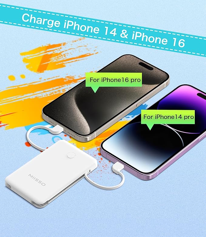 miisso 6000mah Ultra Slim Built in Cables Power Bank, Card Size Built in USB C Cords Battery Pack Portable Charger for Phones, 3 Output External Battery Pack Compatible with iPhone, Snow White