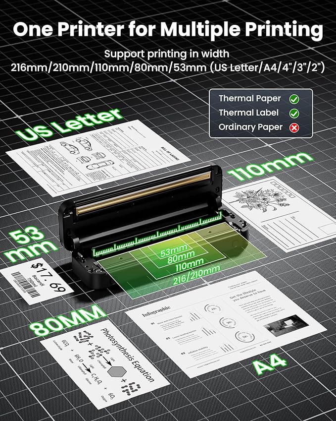 Itari Portable Printer - Portable Printer Wireless for Travel, Bluetooth Printer for Android and iOS Phone, Tablet, Inkless Thermal Compact Printer for Home, School, Office, Support A4 & US Letter