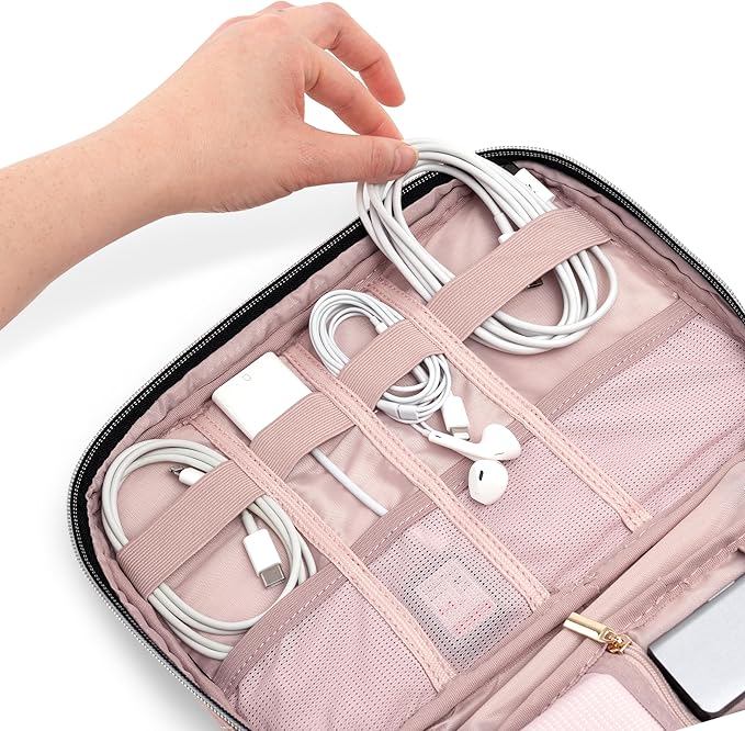 Pavilia Tech Organizer Case - Cable & Charger Storage, Travel Accessories - Pink Quilt