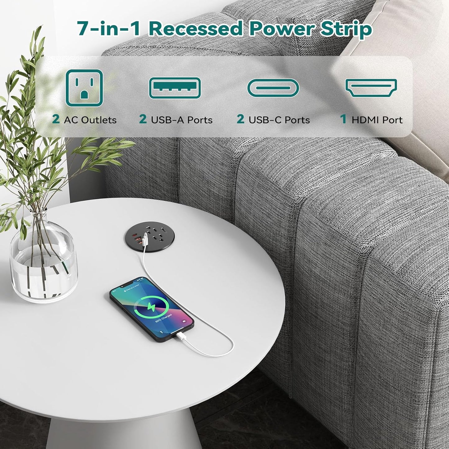 QBA Recessed Power Grommet with 35W USB C, 3-inch Flush Mount Desk Power Outlet, 2 Outlets, 4 USB Ports, 1 HDMI Port, for Furniture Cabinet Home Office, ETL Listed