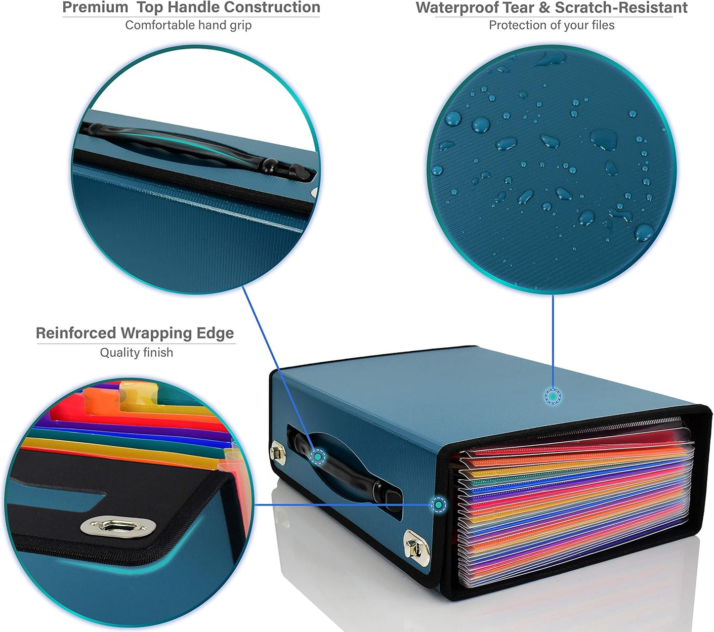 CNK Accordion File Organizer - 36 Pocket Teal Folder with Ergonomic Handle, Double Lock Buckles, Protects Documents, Durable Polypropylene, 8.5 x 11 in