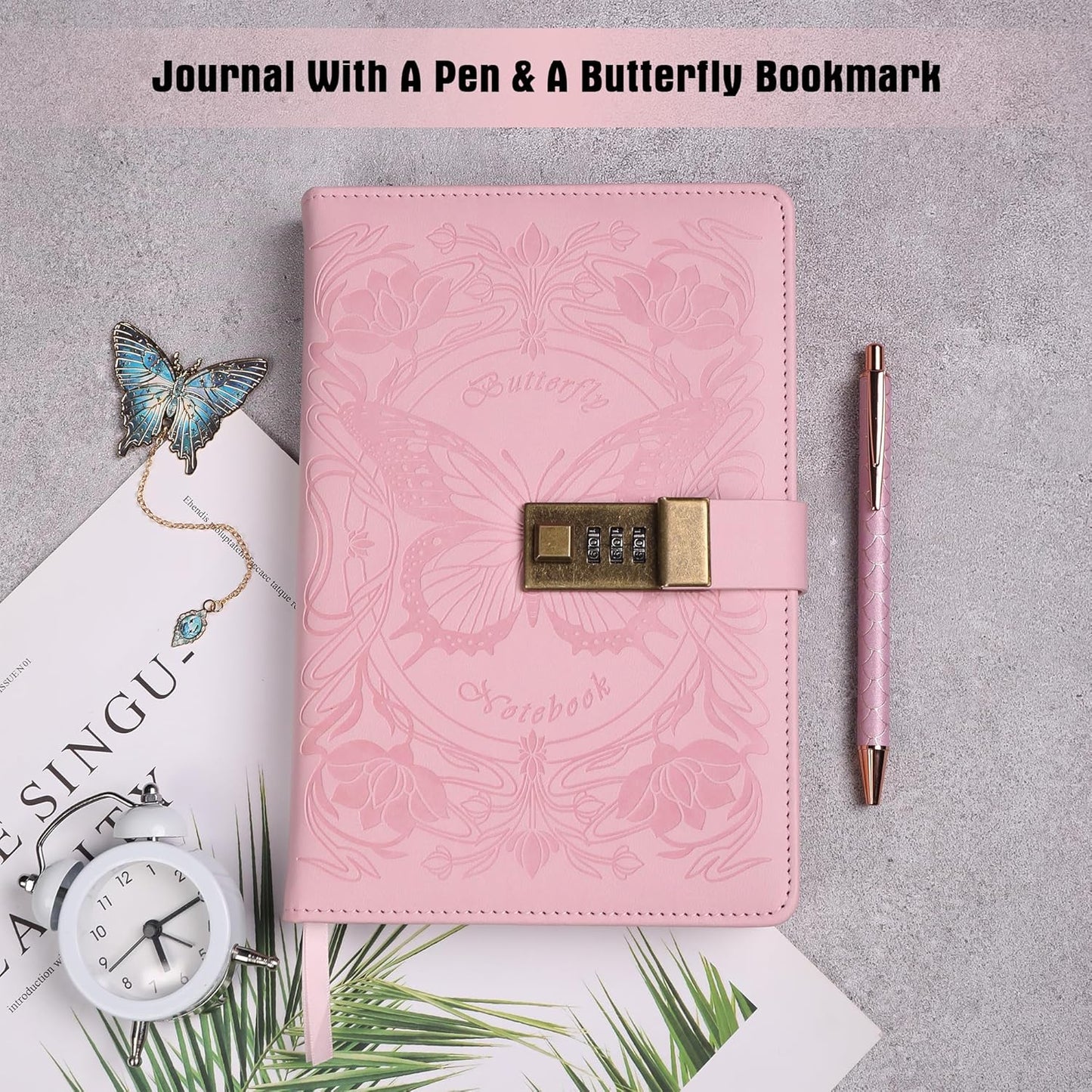 TIEFOSSI Diary with Lock for Women Girls, Lined Locked Journal, Butterfly Journal Notebook with Pen and Bookmark, A5 Refillable Locking Journals for Writing, 224 Numbered Pages