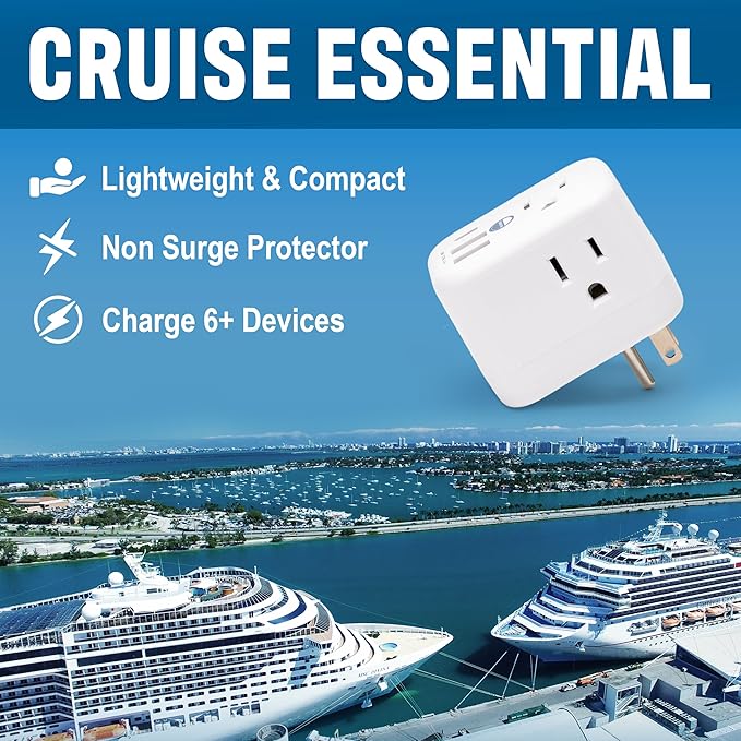 Cruise Approved Power Strip Foldable, Non Surge Protector Travel Power Strip, Multi Plug, 6 Outlets, 2 USB-A, 1 USB-C, & 3 AC Outlet for Carnival, Celebrity, Princess, & Major Lines in 2025 & 2026