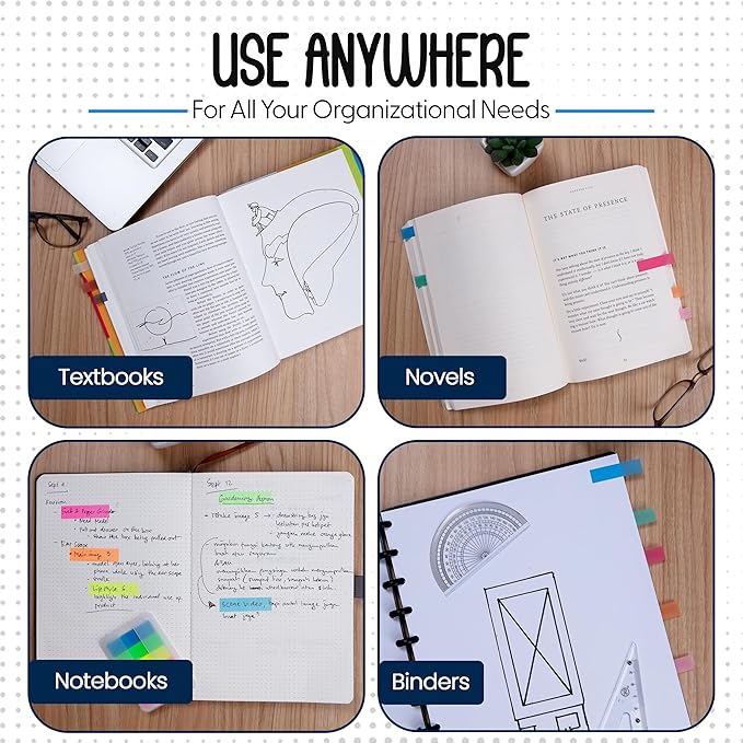 Essex Wares - 300 Pieces - Transparent Sticky Notes Tabs with Case - 5 Bright Colors - 3 Cases - 1.8" x 0.4" - 60 Pieces Each Color - Pop Up Index Tabs - Book Flags for Annotating - Book Sticky Tabs