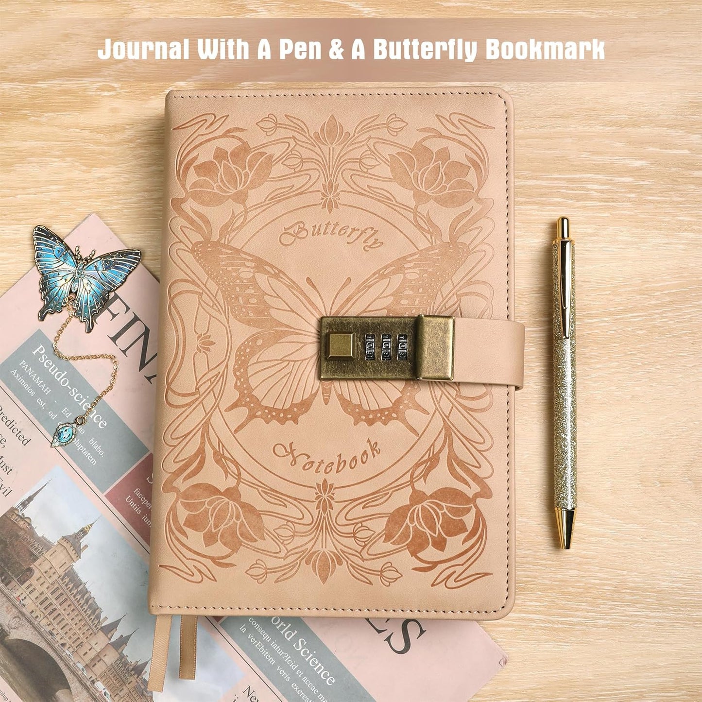 TIEFOSSI Diary with Lock for Women Girls, Lined Locked Journal, Butterfly Journal Notebook with Pen and Bookmark, A5 Refillable Locking Journals for Writing, 224 Numbered Pages