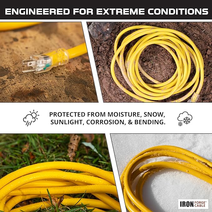 Iron Forge Cable 2 Pack 50 Foot Lighted Outdoor Extension Cord with 3 Outlets - 12/3 SJTW Heavy Duty Yellow Extension Cable 3 Prong - Multiple Outlets