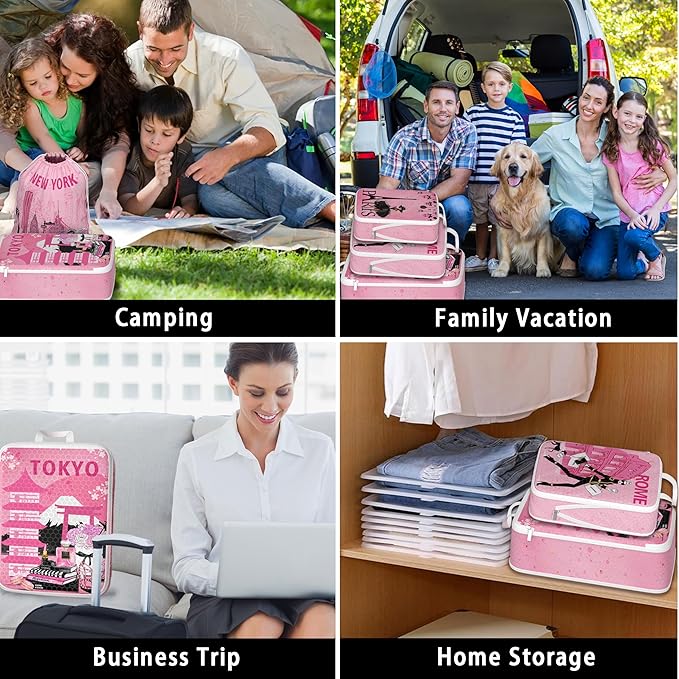 Compression Packing Cubes for Travel, 6 Set Pink Fashion Luxury Girly Luggage Organizers, Lightweight Waterproof Expandable/Compression Bags Smell Proof Travel Packing Cubes for Suitcases