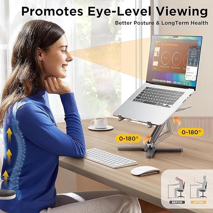 FoldWise X Premium Laptop Stand for Desk - 100% Aluminum, Portable & 360° Rotating - Adjustable Height & Angles Laptop Riser - Sturdy & Foldable MacBook Stand Compatible with All 11-18” Devices