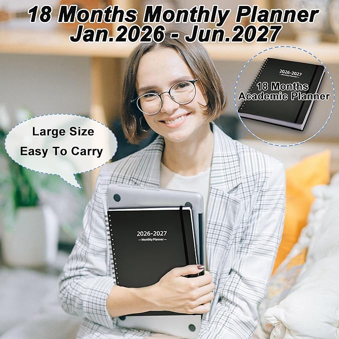 2026-2027 Monthly Planner (7.4'' x 9.6''), 18 Months Calendar Planner from Jan 2026-Jun 2027, Agenda 2026 with Pocket, 120GSM Paper, Black